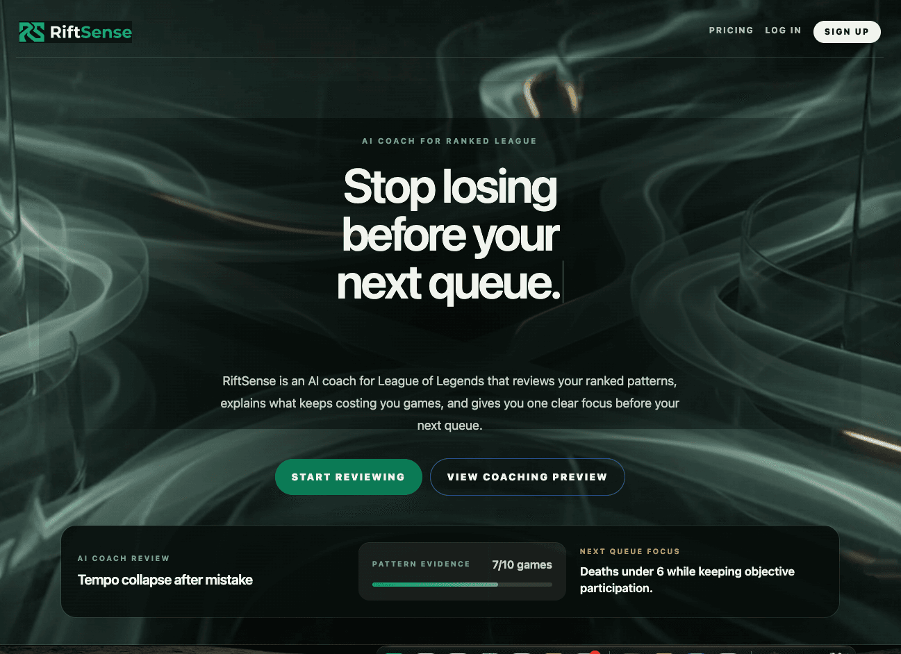 RiftSense landing page presenting AI-assisted League of Legends coaching.